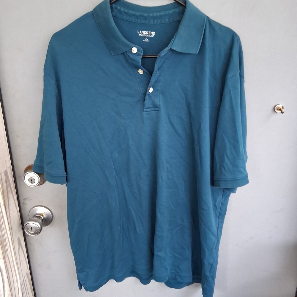 Lands End Men's Teal Polo Golf Shirt Traditional Fit Short Sleeve‎ Cotton Size L
